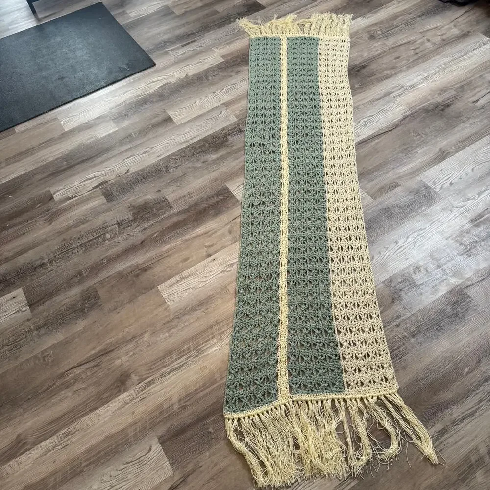 Handmade Crochet Scarf Sage Green Cream Fringe Boho Indie Long Wrap